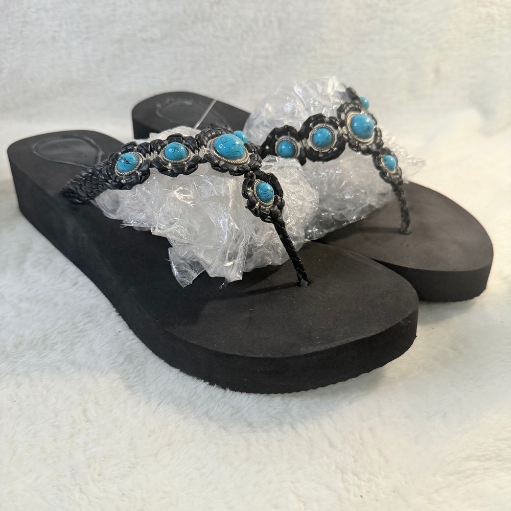 Dept 222 Platform Flip Flops Women Size L 9-10 Black Turquoise Excellent Boho